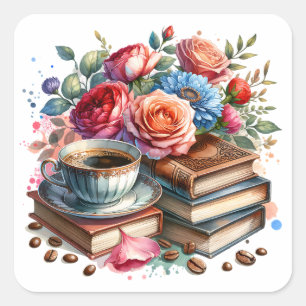 Rise and Shine Vintage Coffee Cup and Flowers Square Sticker