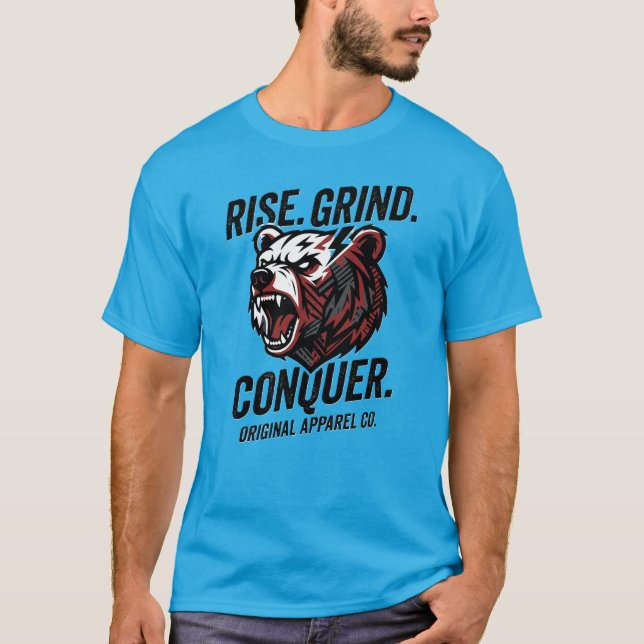 Rise Grind Conquer Bear Motivation Front Back Gym  T-Shirt (Front)
