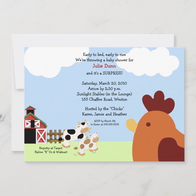 Rise 'n' Shine Barnyard Cow Chicken Baby Shower Invitation (Front)