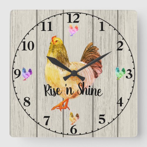 Rise n Shine Rooster Barnwood Square Wall Clock