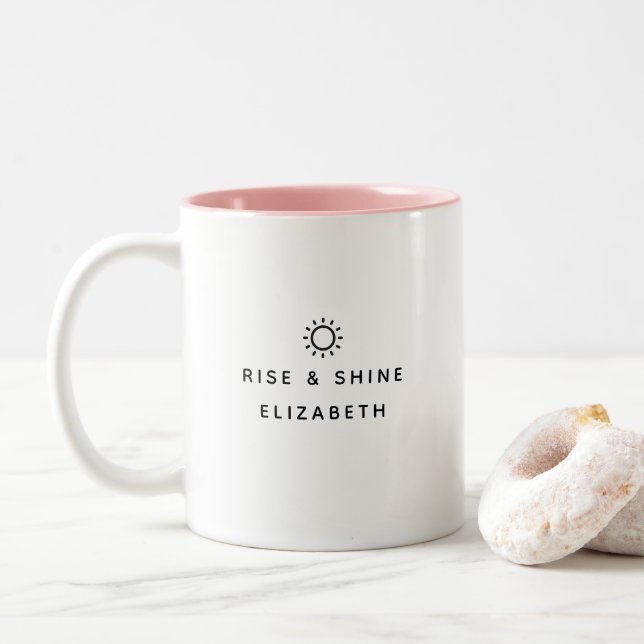 Rise & Shine Custom Name Pink Two-Tone Mug, 11 oz Two-Tone Coffee Mug (With Donut)