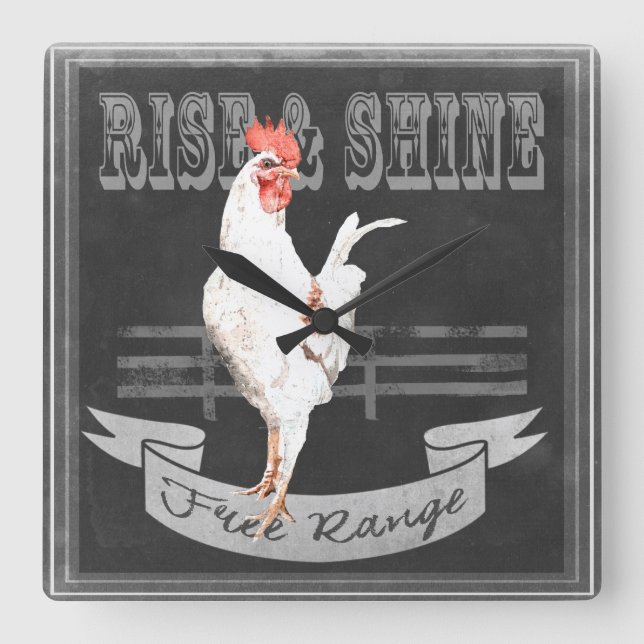 Rise & Shine Rooster Square Wall Clock (Front)
