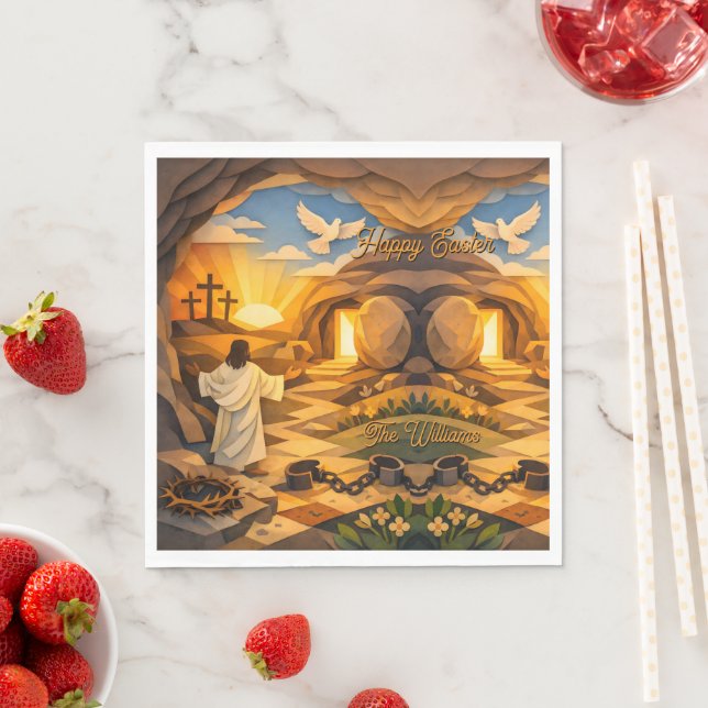 Risen Jesus Empty Tomb 3D Papercut Easter Paper Napkins (Insitu)