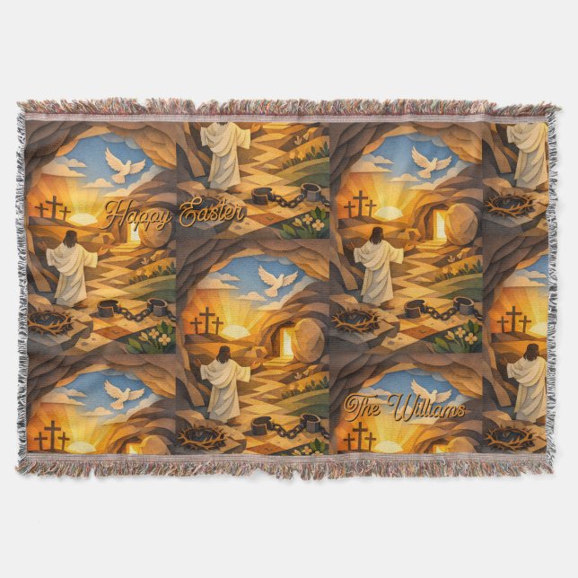 Risen Jesus Empty Tomb 3D Papercut Easter Throw Blanket (Front)