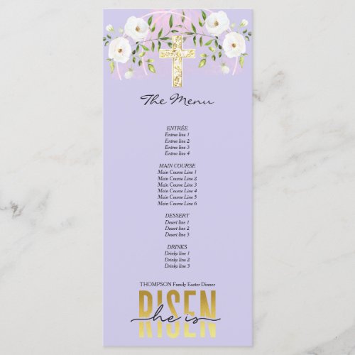 Risen Religious Christian Quote Lavender Easter Menu