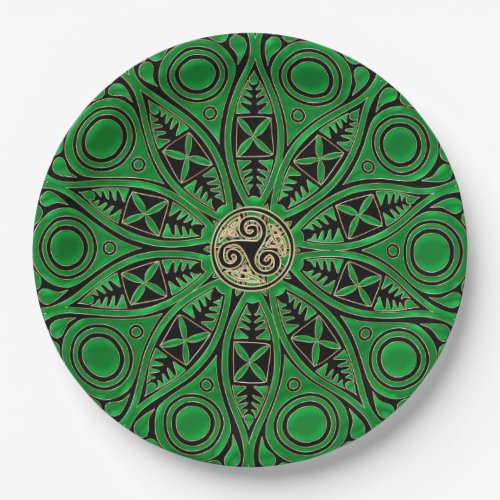 rish Green Celtic Triskele Mandala Paper Plates