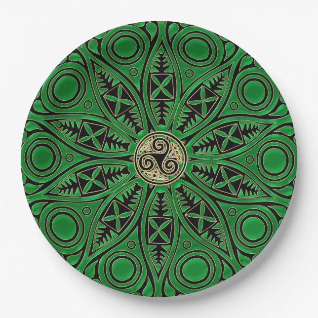 rish Green Celtic Triskele Mandala Paper Plates (Front)