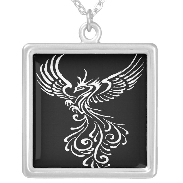 Rising From The Ashes Phoenix White Illustration Silver Plated Necklace (Front)