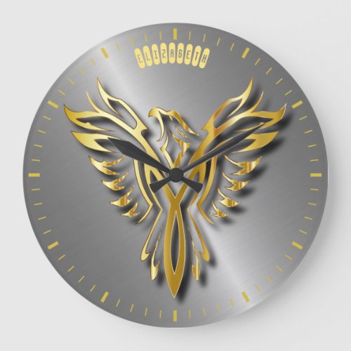 Rising Golden Phoenix Gold Flames With Shadows Large Clock
