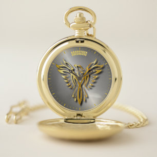 Rising Golden Phoenix Gold Flames With Shadows Pocket Watch
