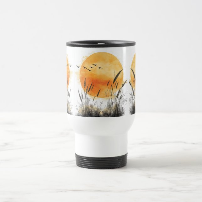 Rising Shining Sun Birds Beach Grass Travel Mug (Center)