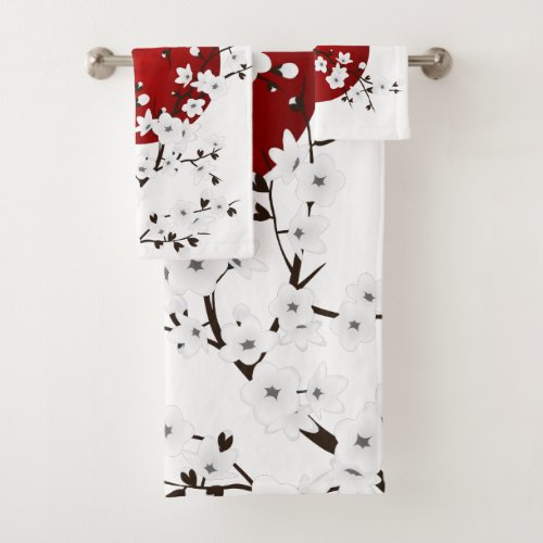 Rising Sun Cherry Blossoms Red Black White Bath Towel Set
