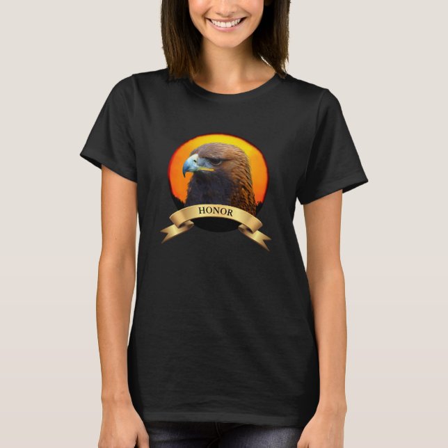 Rising sun, golden eagle & ribbon with honor text T-Shirt (Front)