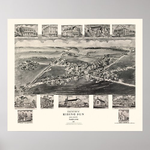 Rising Sun MD Panoramic Map _ 1907 Poster