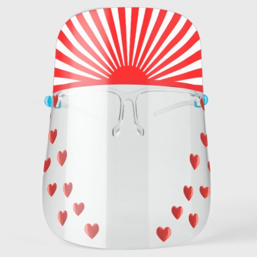 Rising sun with red and white stripes and hearts face shield