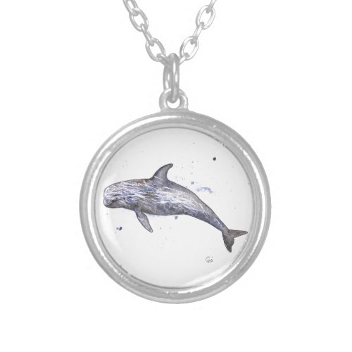 Risso Dolphin Illustration Silver Plated Necklace