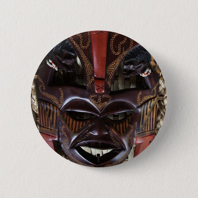 Ritual African Tribal Wooden Carved Mask Brown Red Pinback Button (Front)