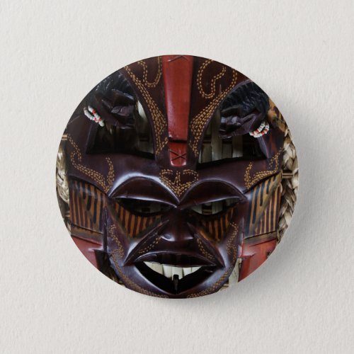 Ritual African Tribal Wooden Carved Mask Brown Red Pinback Button