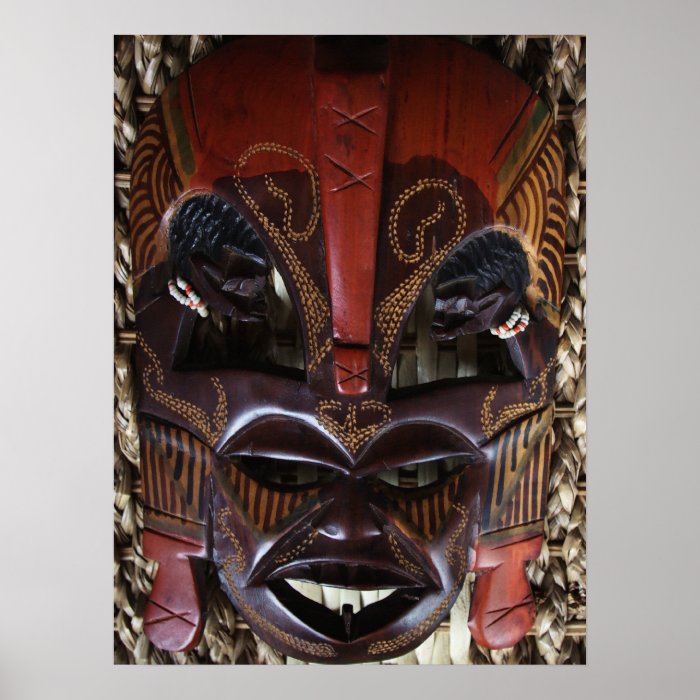 Ritual African Tribal Wooden Carved Mask Brown Red Poster