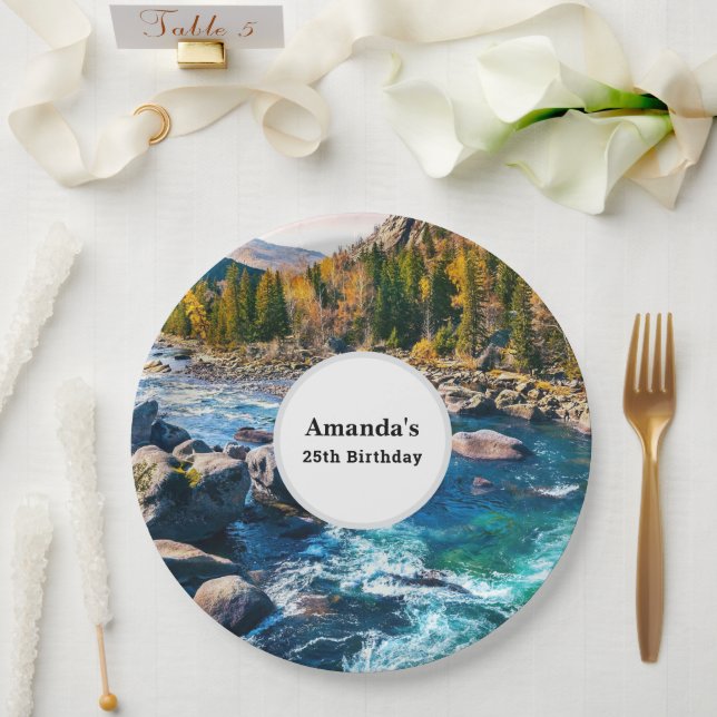 River and Mountains Scenic Photo Birthday Paper Plates (Wedding)