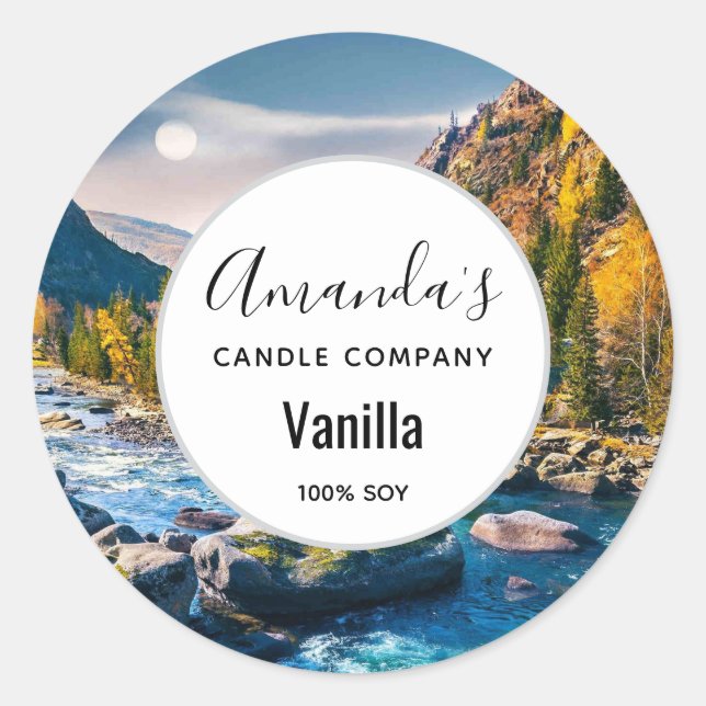 River and Mountains Scenic Photo Candle Business Classic Round Sticker (Front)