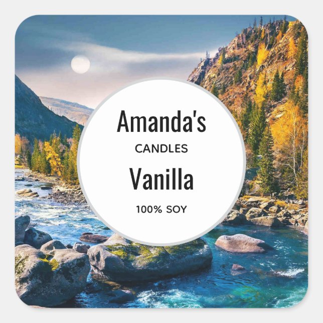 River and Mountains Scenic Photo Candle Business Square Sticker (Front)