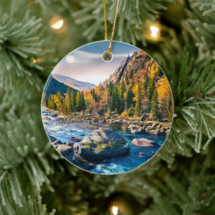 River and Mountains Scenic Photo Ceramic Ornament