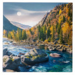 River and Mountains Scenic Photo Ceramic Tile<br><div class="desc">Ceramic tile with a scenic photograph featuring tree covered mountains in autumn colors. A vibrant river flows around a multitude of rocks.</div>