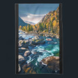 River and Mountains Scenic Photo Kitchen Towel<br><div class="desc">A kitchen towel with a scenic photograph featuring tree covered mountains in autumn colors. A vibrant river flows around a multitude of rocks. A large white full moon hovers above.</div>