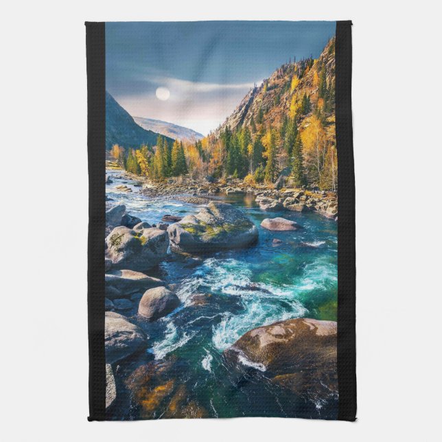 River and Mountains Scenic Photo Kitchen Towel (Vertical)