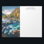 River and Mountains Scenic Photo Notepad<br><div class="desc">A notepad with a scenic photograph featuring tree covered mountains in autumn colors. A vibrant river flows around a multitude of rocks. A large white full moon hovers above.</div>