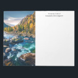River and Mountains Scenic Photo Notepad<br><div class="desc">A notepad with a scenic photograph featuring tree covered mountains in autumn colors. A vibrant river flows around a multitude of rocks. A large white full moon hovers above.</div>