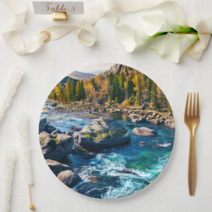 River and Mountains Scenic Photo Paper Plates