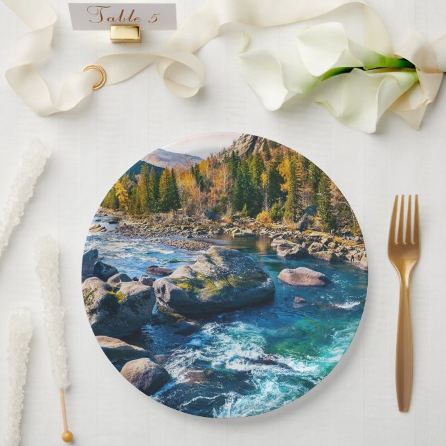 River and Mountains Scenic Photo Paper Plates (Wedding)