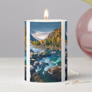 River and Mountains Scenic Photo Pillar Candle
