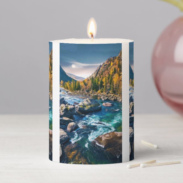 River and Mountains Scenic Photo Pillar Candle (In Situ)