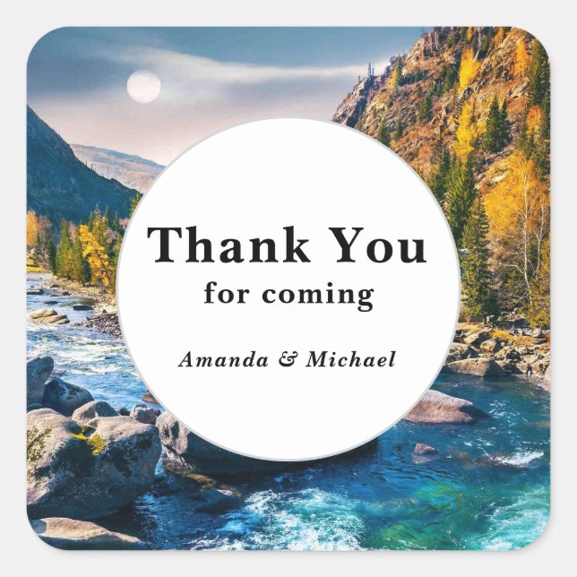 River and Mountains Scenic Photo Wedding Thank You Square Sticker (Front)