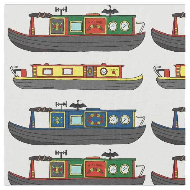 River Boats and Narrowboats Fun Boating Patterned Fabric (Close Up)