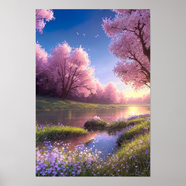 River Embraced by Purple Blossoms Poster (Front)