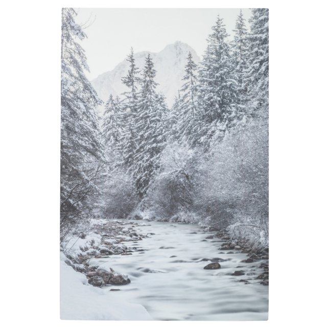 River flowin through snowy winter forest Mojstrana Metal Print (Front)