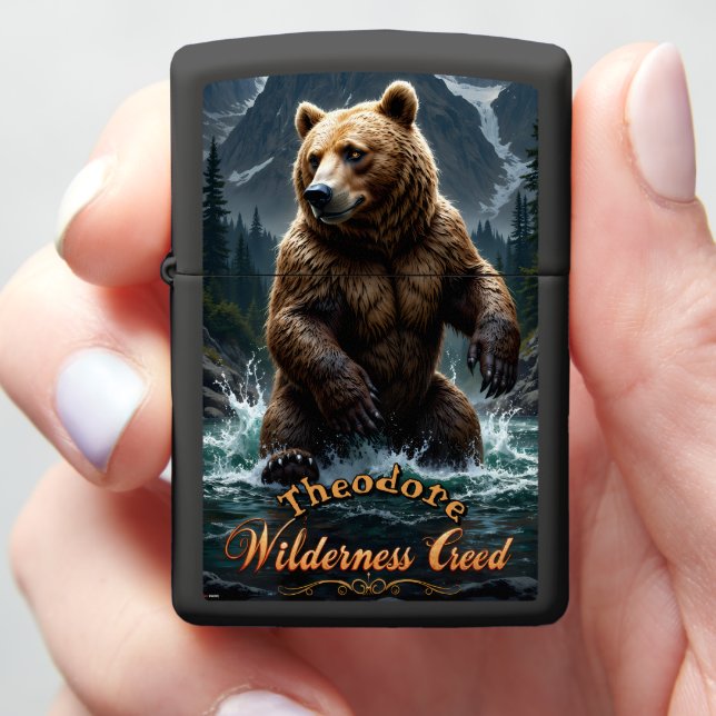 River Grizzly Ornate Border Zippo Lighter (In Hand)