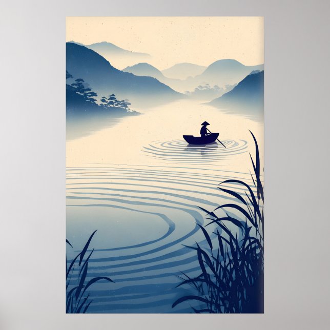 River Landscape Wall Art Minimalist Boat and (Front)
