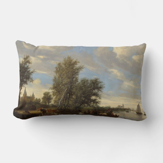 River Landscape with Ferry, 1649 (oil on canvas) Lumbar Pillow (Front)