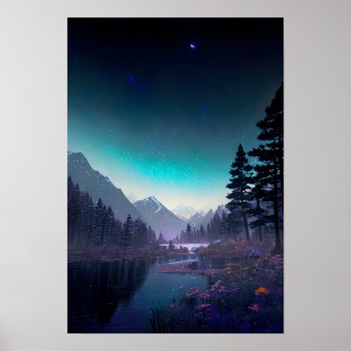 River Nightfall Forest Flowers and Stars Poster