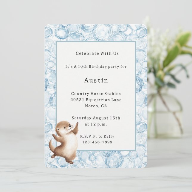 River Otter Blue Bubbles Birthday Invitation (Standing Front)
