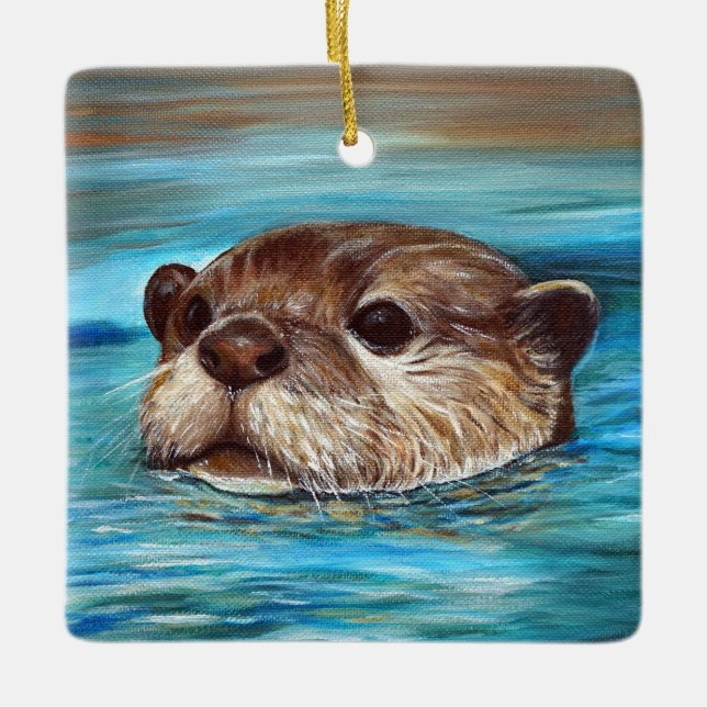 River Otter Painting Ceramic Ornament (Front)