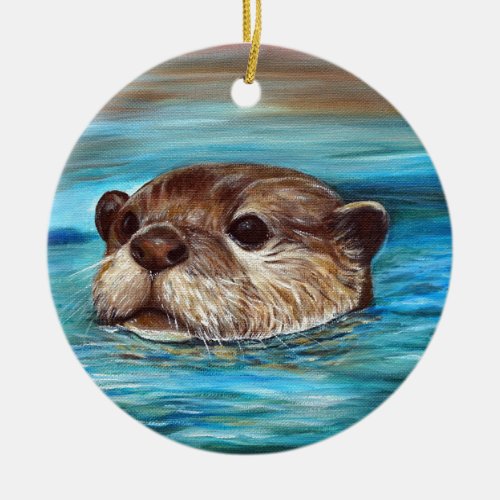 River Otter Painting Ceramic Ornament