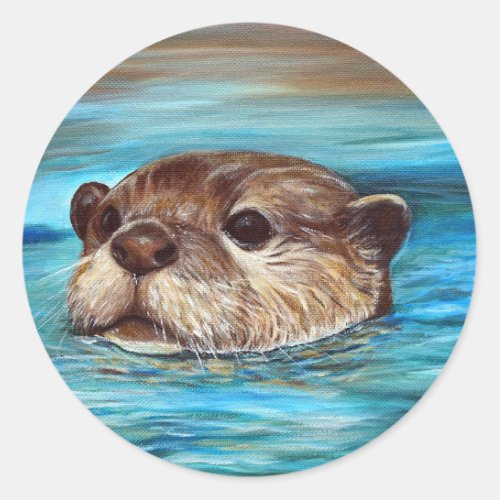 River Otter Painting Classic Round Sticker