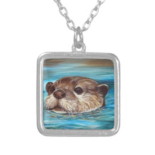 River Otter Painting Silver Plated Necklace