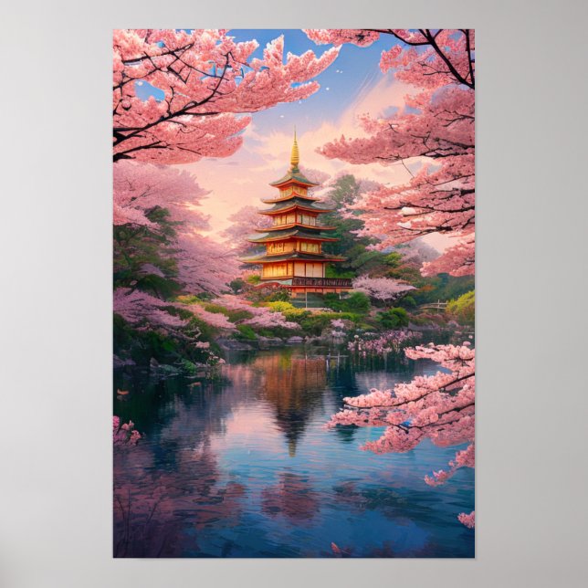 River, Pagoda and Cherry Blossom Poster (Front)